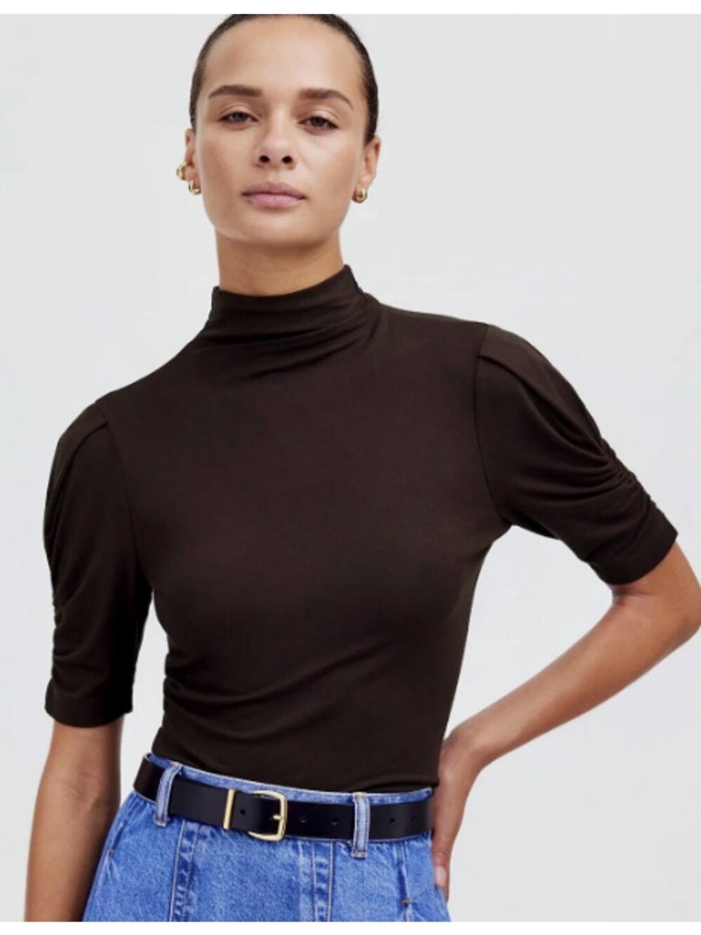 NWT Madewell Mock Neck Puff Sleeve Knit Top Brown Size M